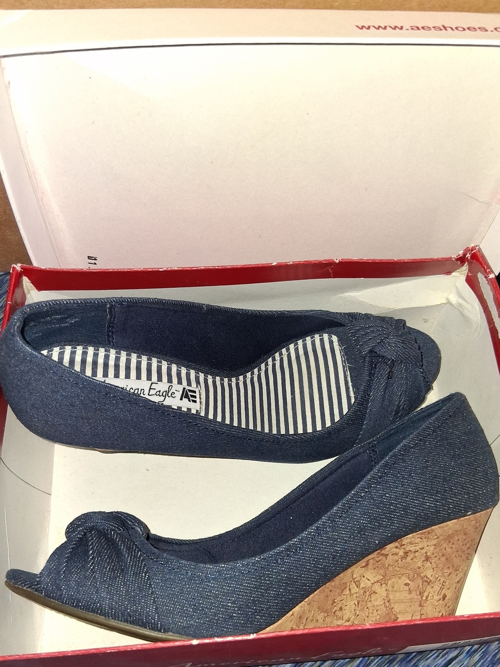 American Eagle Outfitters Navy Denim Cork Wedge Peep-Toe
